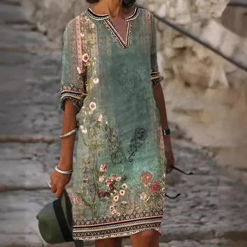Women's Vintage Ethnic Floral Print Midi Dress Casual V-Neck Short Sleeve Bohemian Style Loose Summer Beach Dress Polyester