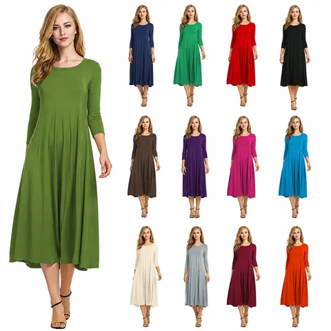 Robe Maxi Femme Élégante Couleur Unie Col Rond Manches Longues Patchwork Plissé Grande Évasée Ligne A Automne Hiver