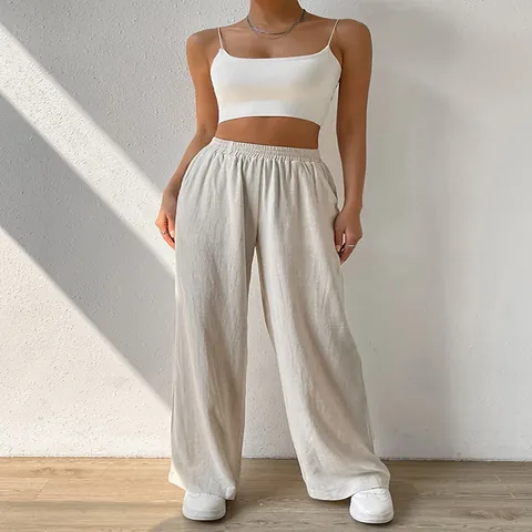 Women Cotton Linen Blend Wide Leg Pants Casual Straight Long Trousers High Waist Loose Lounge Bottoms With Pockets