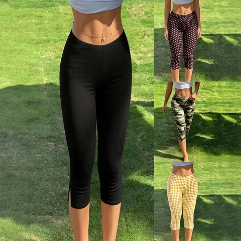 Women's Y2K Street Style Slim Fit Capri Pants Side Slit High Waist Yoga Fitness Leggings Solid Patterned Sports Trousers Bottom
