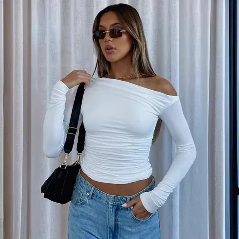 Damen Ein Schulter Gerafft Crop Top Langarm Einfarbig Schmale Passform Sexy T-Shirt Lässiges Top Für Frühling