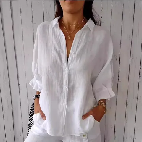 Camicia Blusa da Donna Casual in Poliestere a Maniche Lunghe Tinta Unita Con Volant e Maniche a Sbuffo e Laccio sul Retro