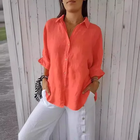 Camicia Blusa da Donna Casual in Poliestere a Maniche Lunghe Tinta Unita Con Volant e Maniche a Sbuffo e Laccio sul Retro