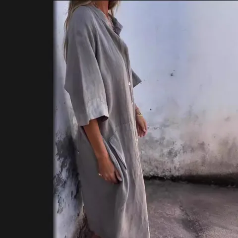 Women Elegant Loose Casual Half Sleeve Cotton Linen Shirt Dress Solid Color Single Breasted Maxi Dress With Pockets Summer
