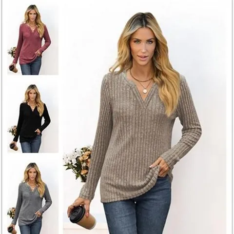 Women's V Neck Long Sleeve T-Shirt Ribbed Knit Solid Color Loose Fit Casual Polyester Top For Autumn Winter Outing Daily