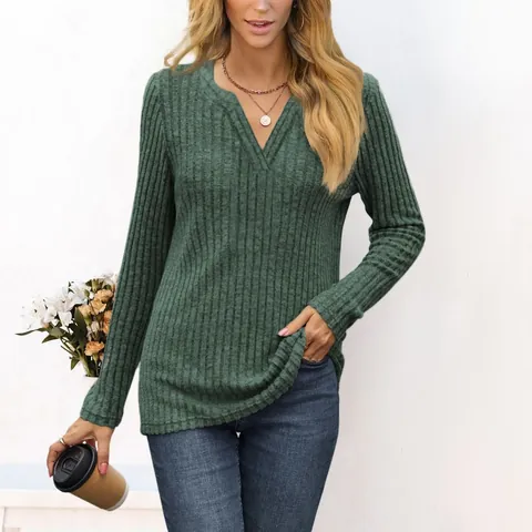 Women's V Neck Long Sleeve T-Shirt Ribbed Knit Solid Color Loose Fit Casual Polyester Top For Autumn Winter Outing Daily