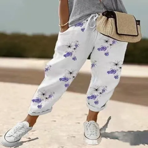 Damen Lässige Lose Baumwollmischung Elastische Taille Gekürzte Hosen Einfarbig Sommer Gerade Hosen Alltag