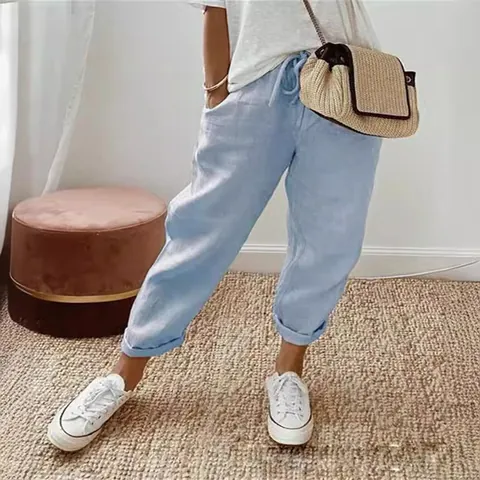 Women's Cotton Linen Casual Cropped Pants Elastic Waist Loose Nine Point Bottoms Solid Stripe Print Commuter Trousers