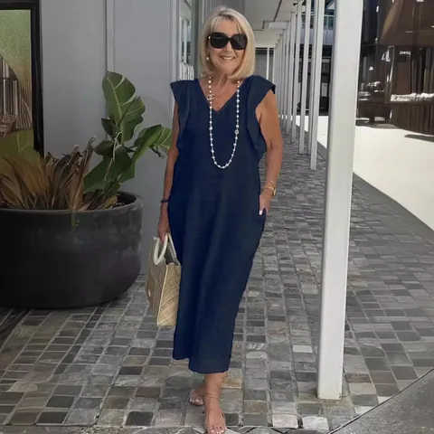 Women's Summer Cotton Linen Midi Dress V-Neck Flutter Sleeve Back Tie Loose Casual Holiday Dress