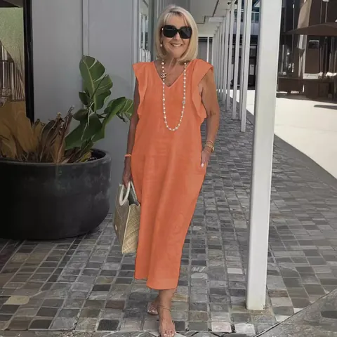 Women's Summer Cotton Linen Midi Dress V-Neck Flutter Sleeve Back Tie Loose Casual Holiday Dress