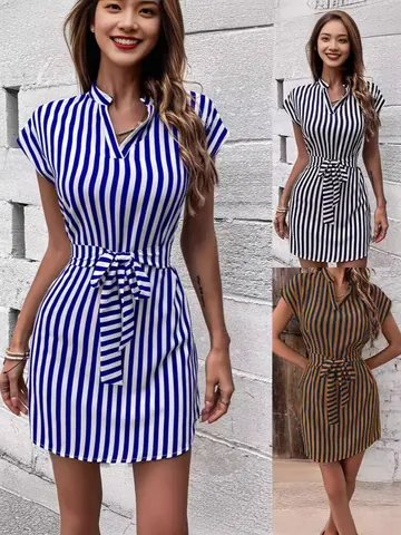 Women Striped V-Neck Batwing Sleeve Mini Dress Casual Tie-Waist Printed Polyester Pullover Slim Fit Summer Holiday Dress