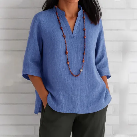 Damen Bluse Polyester V-Ausschnitt Dreiviertelarm Lässiges Lockeres Hemd Einfarbiges Top Mit Seitenschlitz Für Den Alltag Damenmode Bekleidung