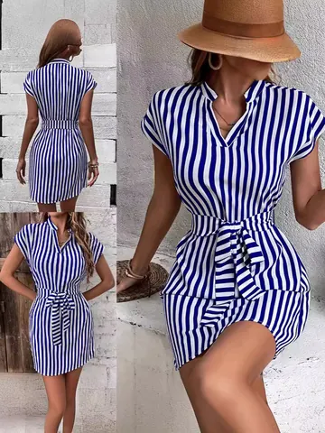Women Striped V-Neck Batwing Sleeve Mini Dress Casual Tie-Waist Printed Polyester Pullover Slim Fit Summer Holiday Dress