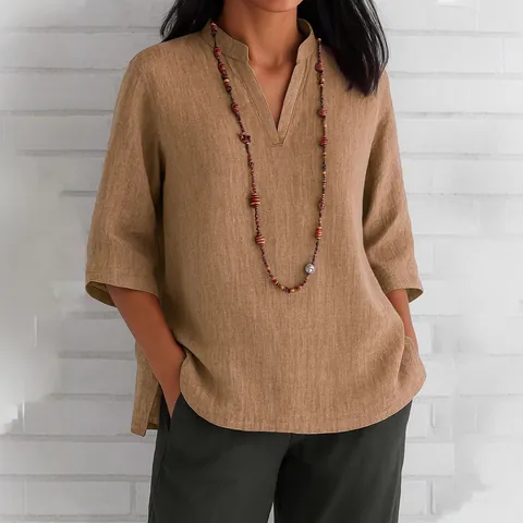 Damen Bluse Polyester V-Ausschnitt Dreiviertelarm Lässiges Lockeres Hemd Einfarbiges Top Mit Seitenschlitz Für Den Alltag Damenmode Bekleidung