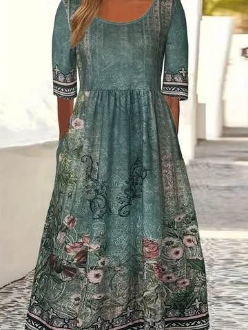 Women's Bohemian Printed Maxi Dress Round Neck Short Sleeve A-Line Vacation Casual Long Dress For Summer Casual Printed Dress