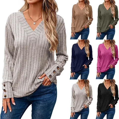 Camiseta de Manga Larga con Cuello en V Acanalado para Mujer Puños con Botones Top de Poliéster Casual Color Sólido Patchwork para el Diario
