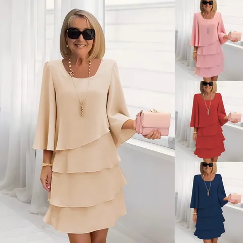 Women's Summer Tiered Cake Dress Round Neck Loose Slimming Midi Dress With Flare Sleeves Polyester Casual Commuter Dress