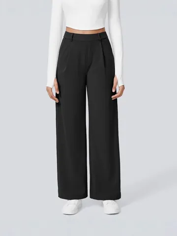 Women High Waist Wide Leg Suit Pants Loose Solid Color Straight Trousers With Pockets Casual Office Trousers Bottom