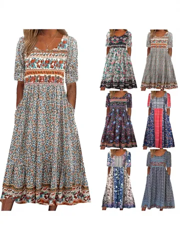Women's Bohemian Printed Maxi Dress Round Neck Short Sleeve A-Line Vacation Casual Long Dress For Summer Casual Printed Dress