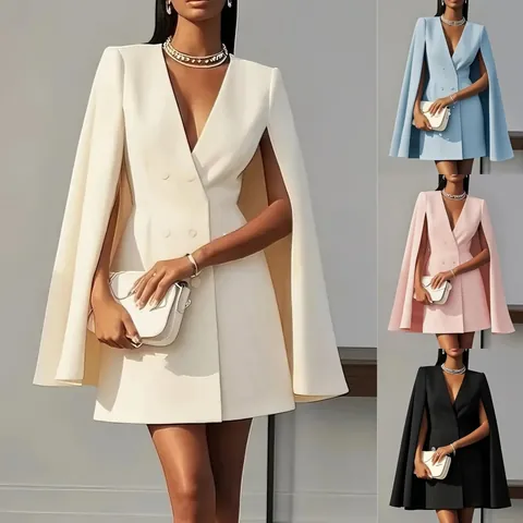 Γυναικείο Σταυρωτό Φόρεμα Blazer με Μανίκια Κάπα Κομψό Βαθύ V Μονόχρωμο Patchwork Μίνι Φόρεμα Γραφείου