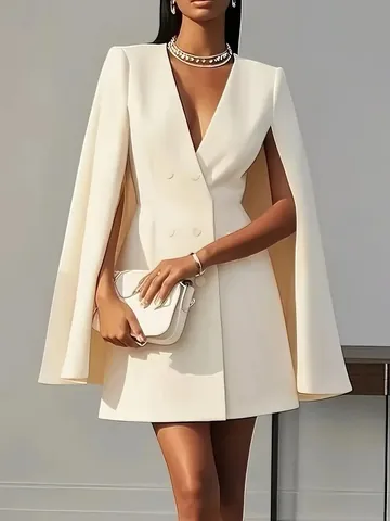 Robe Blazer Cape à Double Boutonnage Élégante pour Femmes Couleur Unie Col en V Profond Sans Manches Bureau Femme Robe Mini