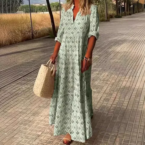 Vestido Maxi Bohemio Vintage para Mujer Cuello en V Manga Larga Poliéster Estampado de Hojas Falda Escalonada Casual Ropa de Vacaciones Cómoda