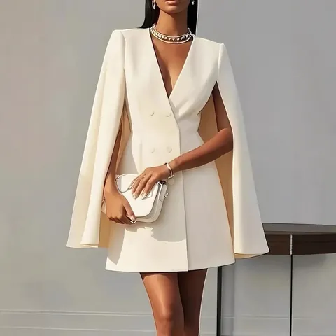 Γυναικείο Σταυρωτό Φόρεμα Blazer με Μανίκια Κάπα Κομψό Βαθύ V Μονόχρωμο Patchwork Μίνι Φόρεμα Γραφείου