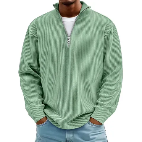 Men Quarter Zip Mock Neck Corduroy Pullover Sweatshirt Long Sleeve Casual Solid Color Ribbed Texture Top Fall Winter Fashion