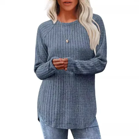 Women Casual Ribbed Knit Long Sleeve Top Round Neck Curved Hem Side Slit Loose Fit Solid Color Autumn Fashion Knitwear