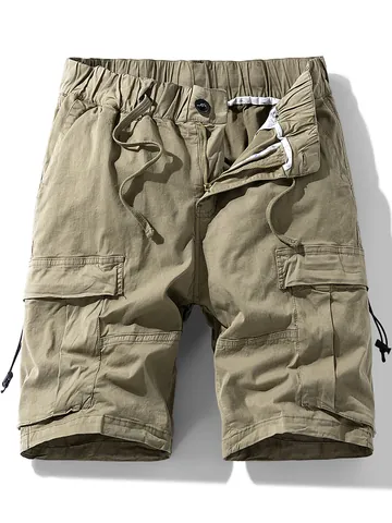Men Casual Cotton Cargo Shorts Loose Fit Solid Color Multi-Pocket Work Shorts With Drawstring Summer Fashion Bottoms
