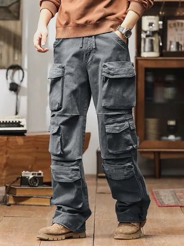 Men American Vintage Cargo Pants Multi Pocket Loose Straight Outdoor Mountain Style Cotton Blend Casual Trousers Work Bottom