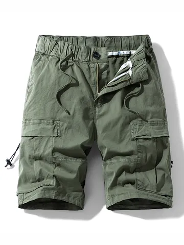 Men Casual Cotton Cargo Shorts Loose Fit Solid Color Multi-Pocket Work Shorts With Drawstring Summer Fashion Bottoms