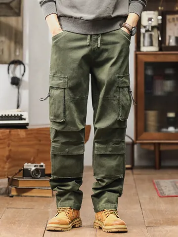 Men's American Retro Multi-Pocket Cargo Pants Outdoor Mountain Style Casual Straight Workwear Full Length Pants