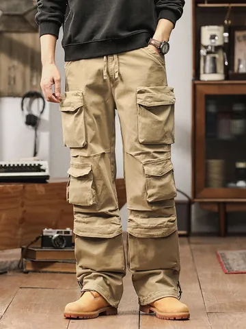 Men American Vintage Cargo Pants Multi Pocket Loose Straight Outdoor Mountain Style Cotton Blend Casual Trousers Work Bottom