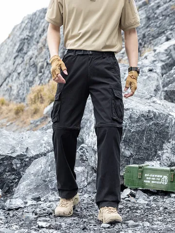Men Japanese Techwear Cargo Pants Loose Multi-Pocket Tactical Trousers Cotton Blend Detachable Zipper Knee Casual Fashion Bottoms