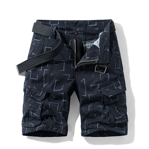 Men's Retro Geometric Print Cargo Shorts With Belt Cotton Straight Leg Five-Point Pants Casual Summer Work Bottom