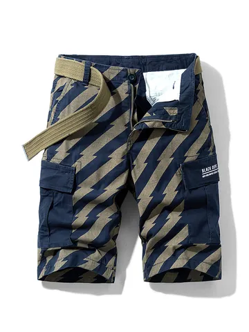 Men Casual Cargo Shorts American High Street Style Striped Pattern Elastic Cotton Shorts With Multi Pockets And Belt Summer Fashion Bottom