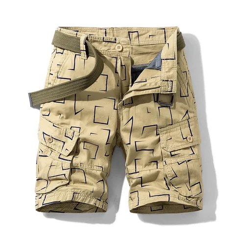 Men's Retro Geometric Print Cargo Shorts With Belt Cotton Straight Leg Five-Point Pants Casual Summer Work Bottom