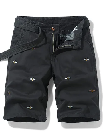 Men's Vintage Cargo Shorts With Bee Embroidery Cotton Casual Loose Fit Belted Half Pants Retro Style Bottoms