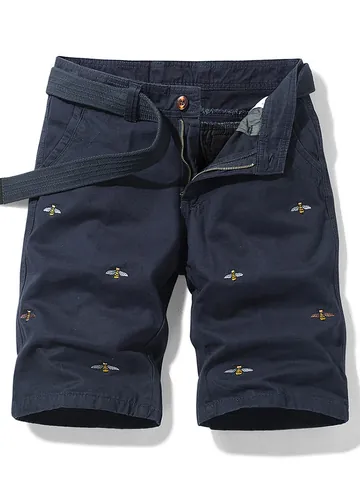 Men's Vintage Cargo Shorts With Bee Embroidery Cotton Casual Loose Fit Belted Half Pants Retro Style Bottoms
