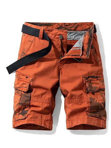 Men's Loose Fit Cotton Cargo Shorts With Belt Camouflage Splice Multi Pockets Summer Washed Casual Straight Leg Combat Short Pants