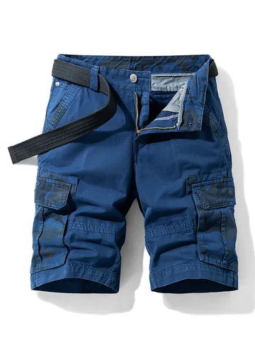 Men's Loose Fit Cotton Cargo Shorts With Belt Camouflage Splice Multi Pockets Summer Washed Casual Straight Leg Combat Short Pants