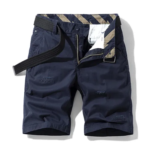 Men's Summer Cotton Cargo Shorts With Belt Embroidered Striped Waistband Casual Five-Point Straight Fit Workwear Shorts