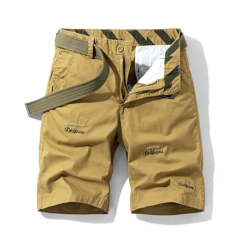 Men's Summer Cotton Cargo Shorts With Belt Embroidered Striped Waistband Casual Five-Point Straight Fit Workwear Shorts