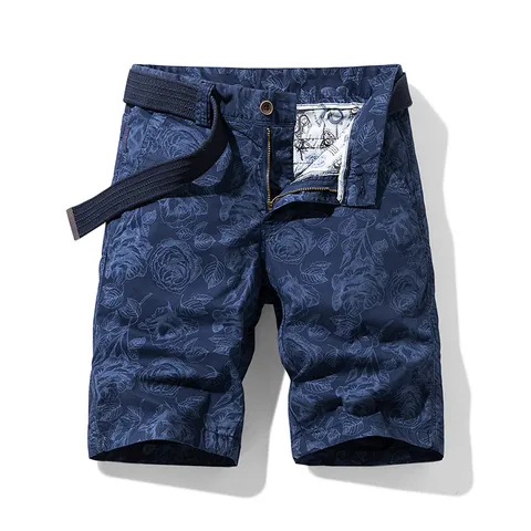 Men Retro Rose Floral Print Cargo Shorts With Woven Belt Summer Casual Cotton Blend Trendy Multi-Pocket Bermuda Shorts Bottom