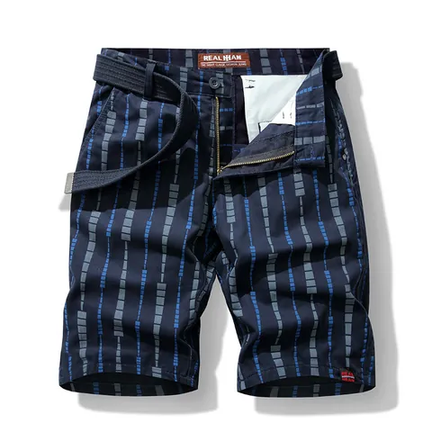 Men Cotton Cargo Shorts Summer Geometric Pattern Printed Bottom Fashion Casual Shorts With Woven Belt Men Loose Fit Shorts
