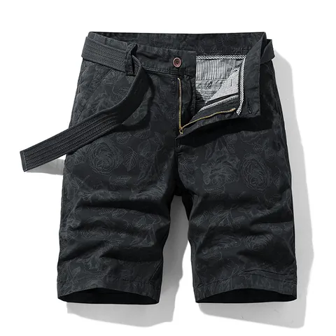 Men Retro Rose Floral Print Cargo Shorts With Woven Belt Summer Casual Cotton Blend Trendy Multi-Pocket Bermuda Shorts Bottom