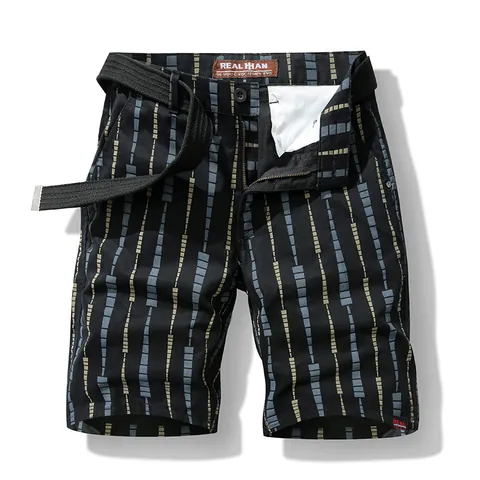 Men Cotton Cargo Shorts Summer Geometric Pattern Printed Bottom Fashion Casual Shorts With Woven Belt Men Loose Fit Shorts