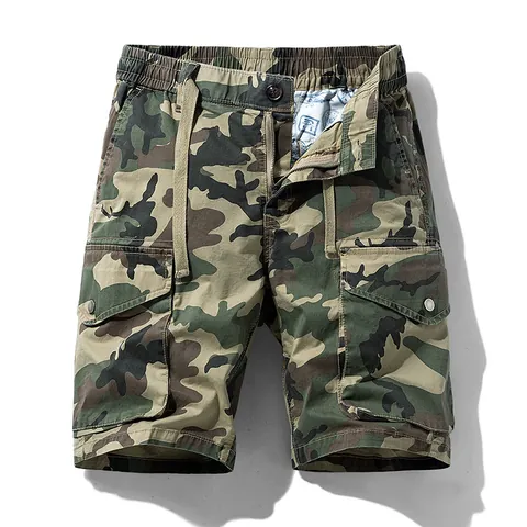 Men American Camouflage Cargo Shorts Elastic Waist Cotton Casual Street Style Summer Multi Pocket Bottoms