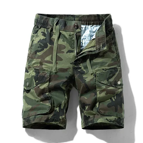 Men American Camouflage Cargo Shorts Elastic Waist Cotton Casual Street Style Summer Multi Pocket Bottoms